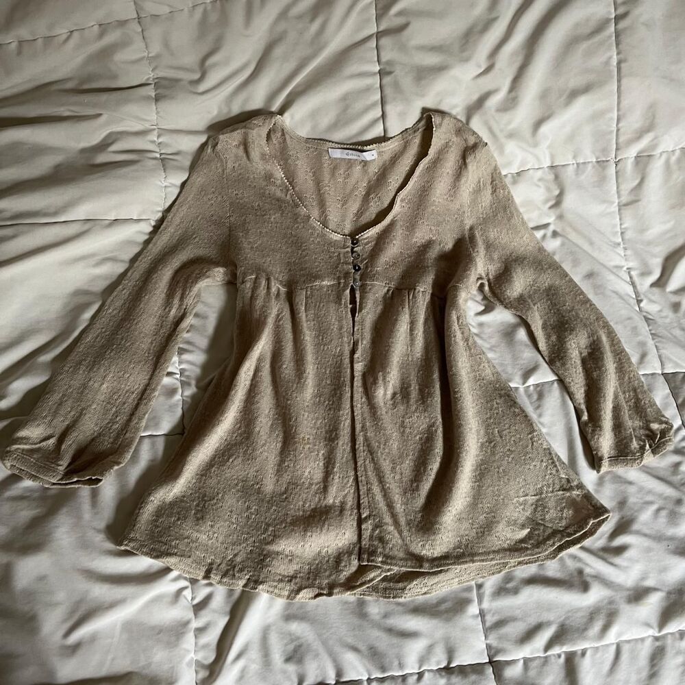 Y2K Vintage Shuca Global Tan Light Brown Babydoll Top Long Sleeves Top